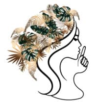 女性輪廓髮絲由金棕與墨綠葉片構成 交織出成熟穩重質感 象徵無聲美容針對細紋與老化所設計的抗皺課程
