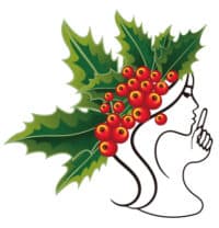 女性側臉以冬青葉與紅果構成髮飾 示意08粉刺課程及噓聲動作 象徵無聲美容自然冷靜與不推銷理念