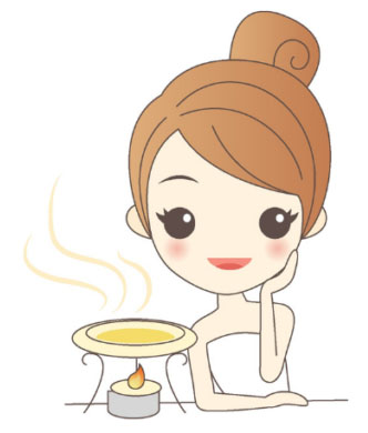 無聲美容角色與蒸氣薰香圖示,象徵芳療課程或舒壓療程情境