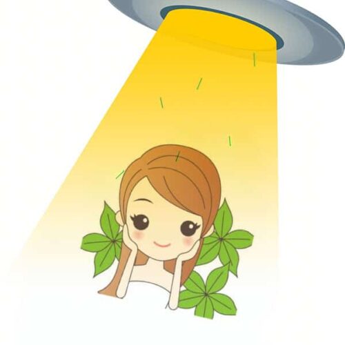 飛碟光束照射美容角色插圖，象徵無聲美容的獨特理念與非主流保養方式