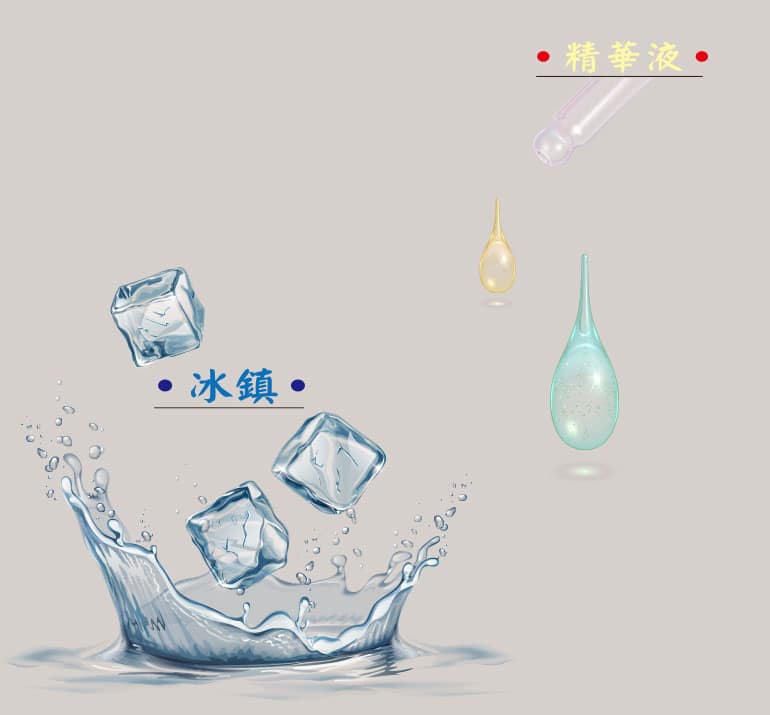冰鎮與精華液插圖:象徵冷效舒緩與高效導入的保養程序示意